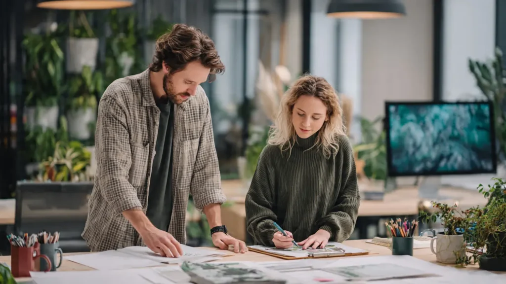 Male and female designers creating bright white room Etsy printable mockups — planners, coloring pages, therapy worksheets, lifestyle scenes, high-quality 4K DSLR realism