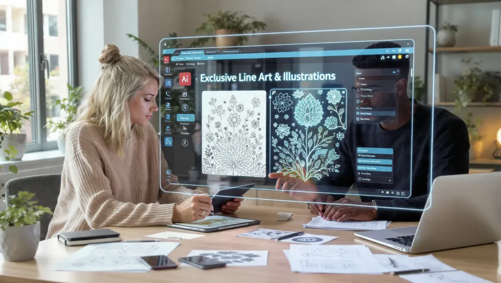 Male and female designers creating Etsy printable covers using AI tools and Kittl-style layouts on a transparent digital screen for high-converting digital products.”