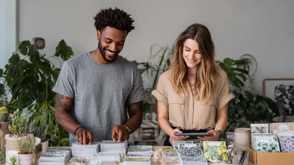 “Male and female models bundling Etsy printables and designing covers with Canva and Kittl for high-value digital products.”