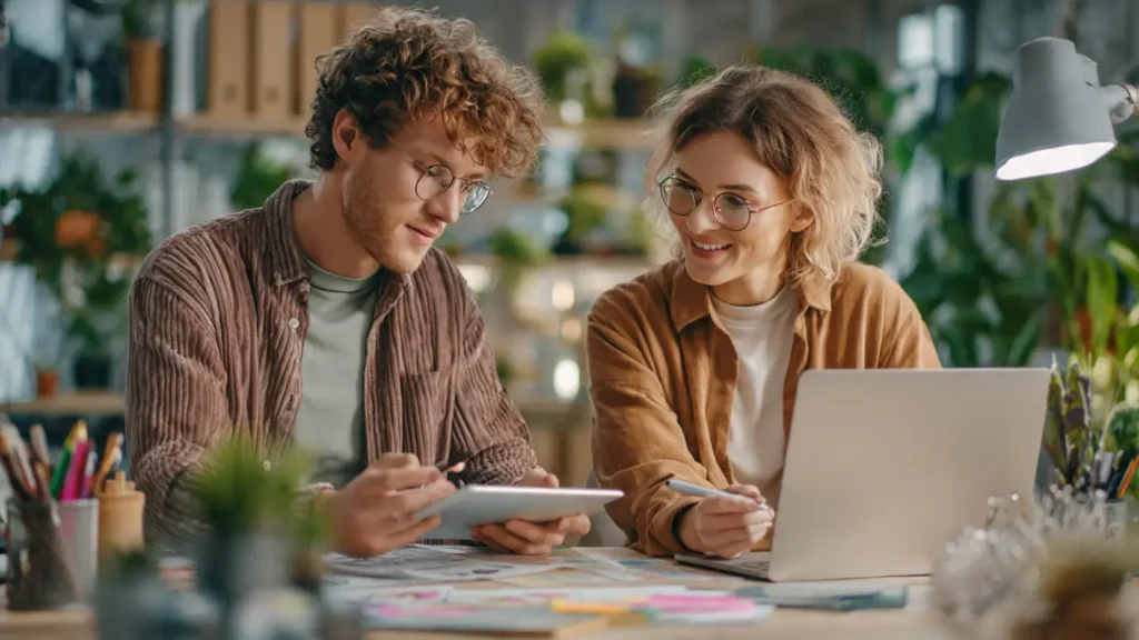 Male and female models designing Etsy printables with AI tools