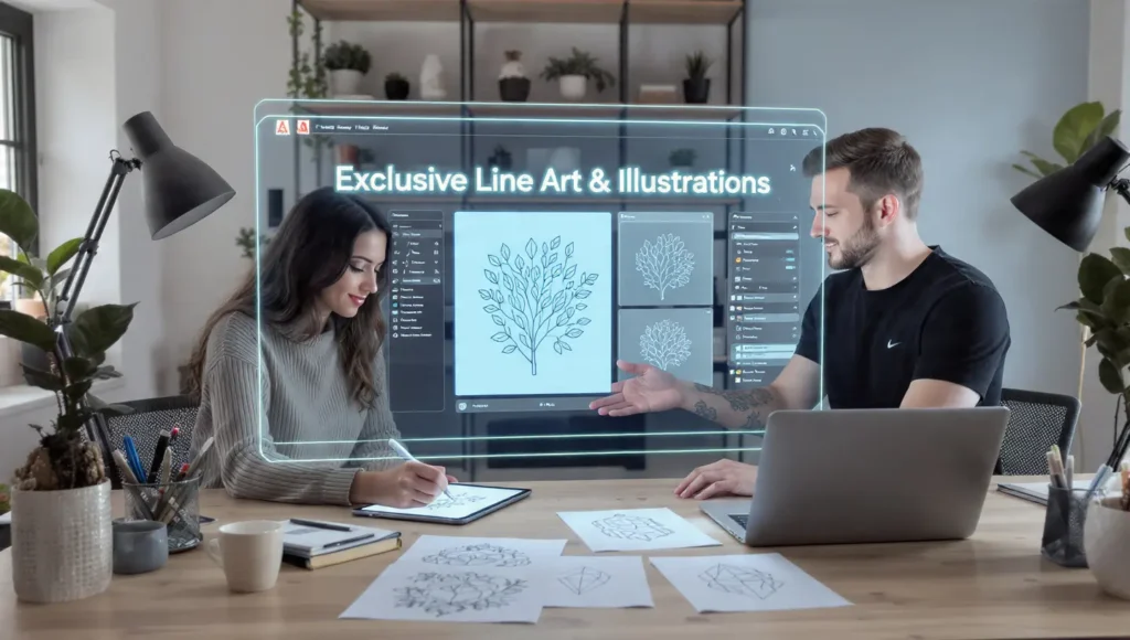 Models creating AI-generated line art for Etsy printables with a transparent Firefly screen showing ‘Exclusive Line Art & Illustrations’